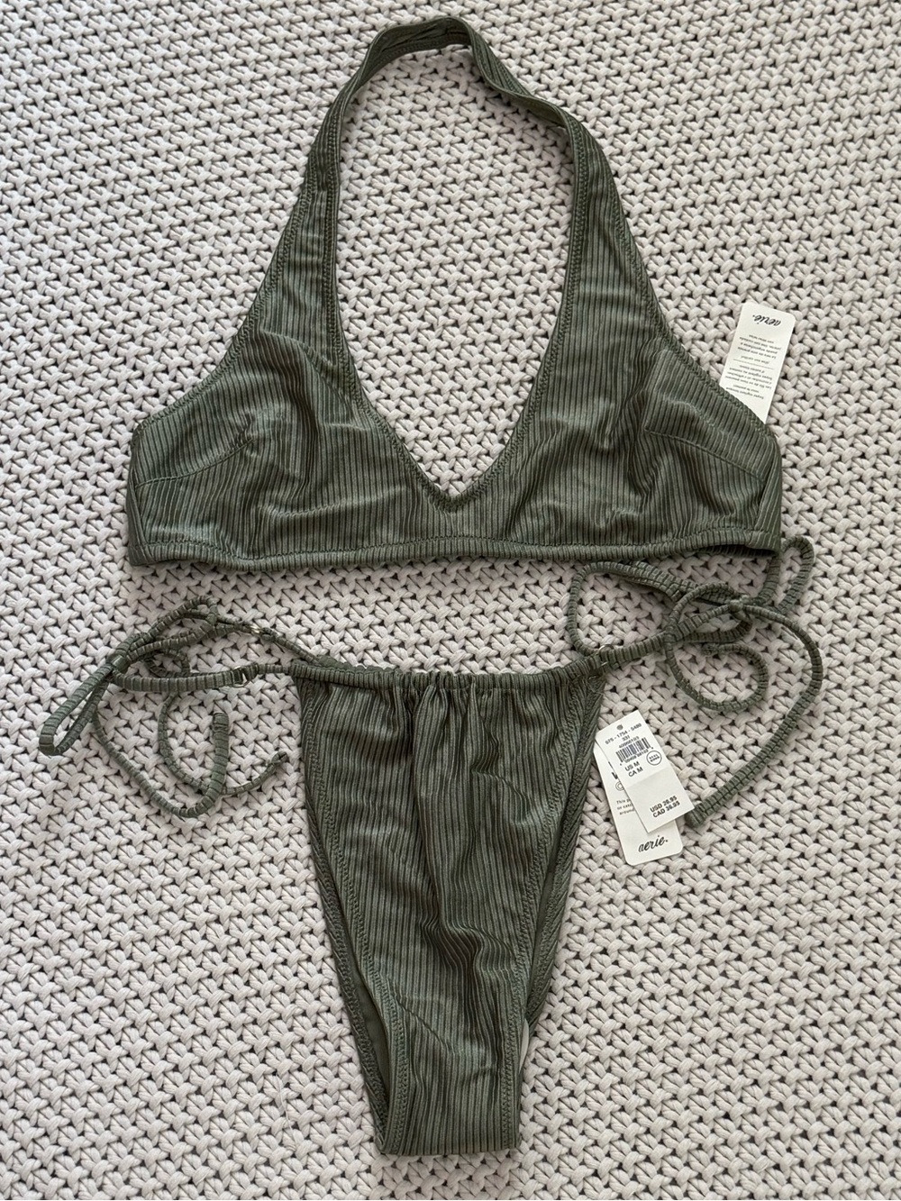 NWT Aerie Olive Green Ribbed Bikini Set - Size Medium